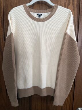 Express Cream and Tan Colorblock Crewneck Sweater